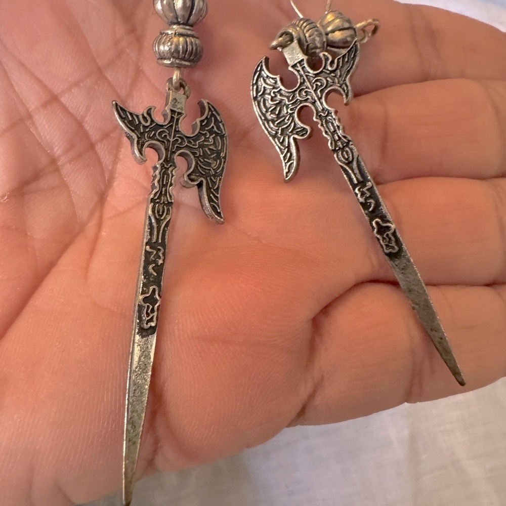 Nordic Sword Silver Axe Dangle Earrings